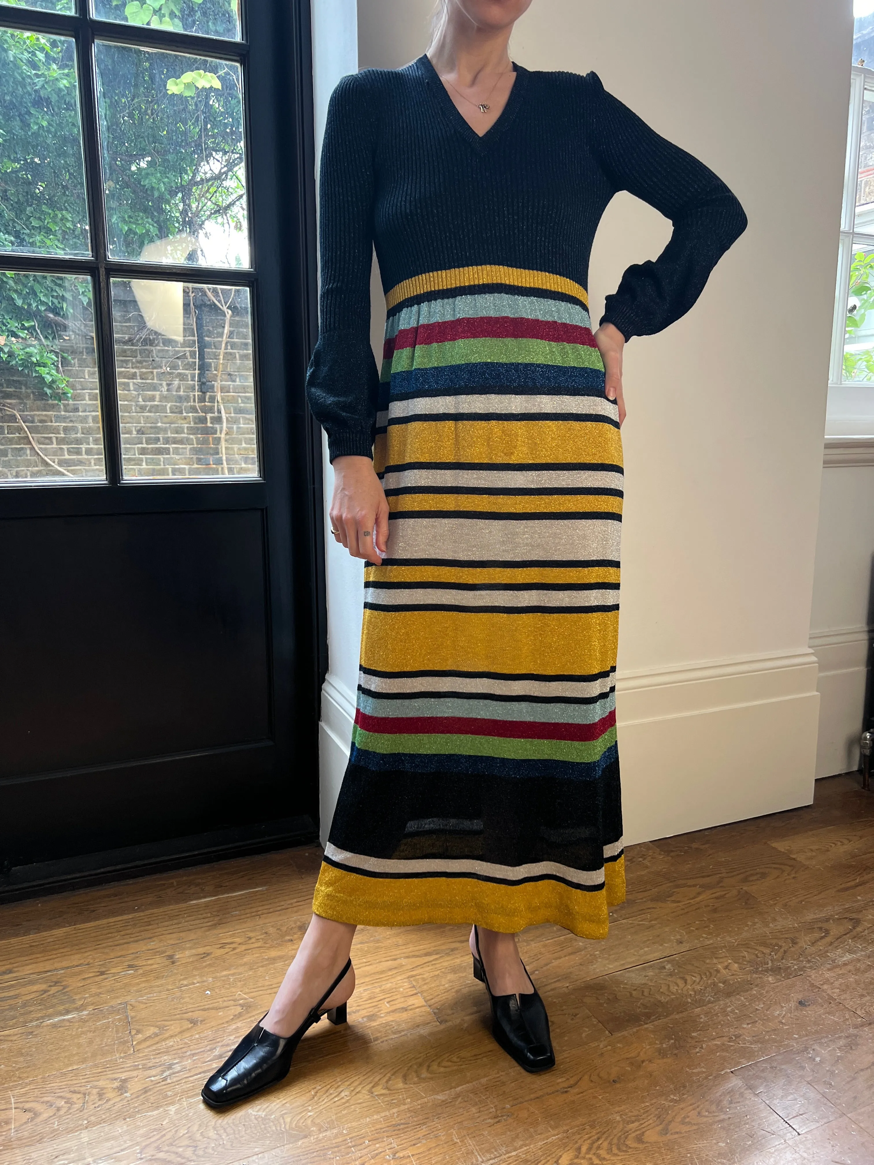 1970s Jersey Masters Metallic Knit Bell Sleeve Maxi Dress