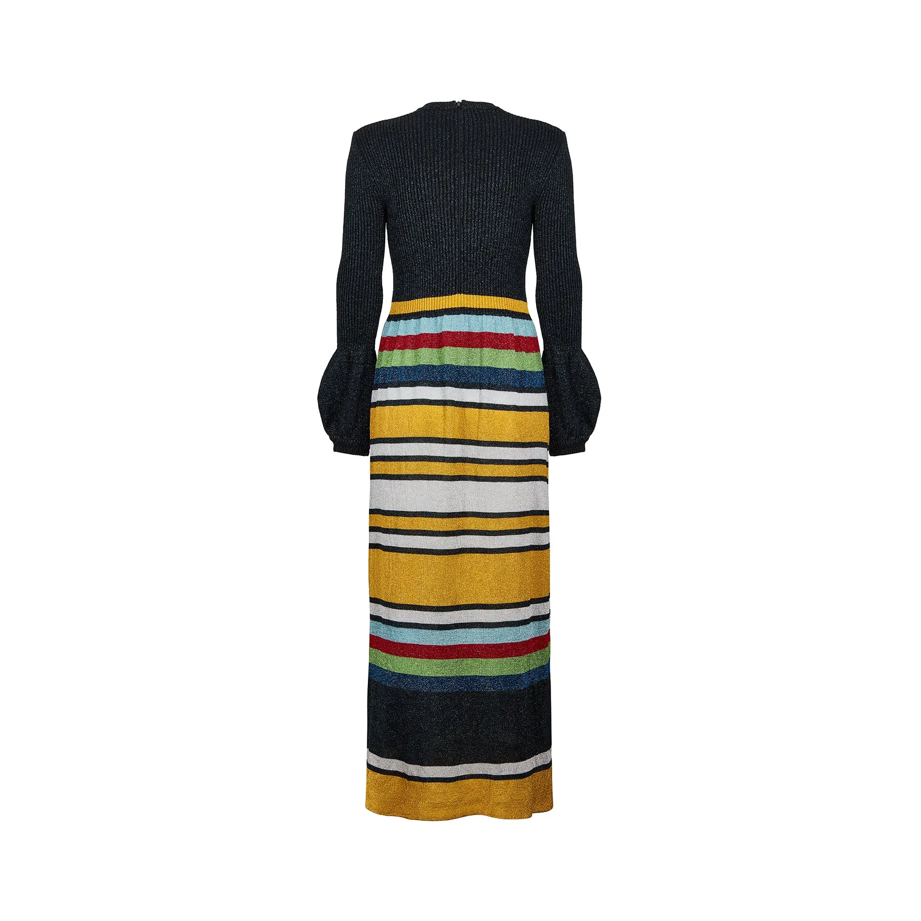 1970s Jersey Masters Metallic Knit Bell Sleeve Maxi Dress