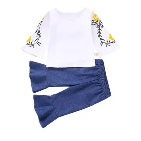 2 Pcs Set Girl Floral Embroidery Long Sleeves Tops And Flared Pants