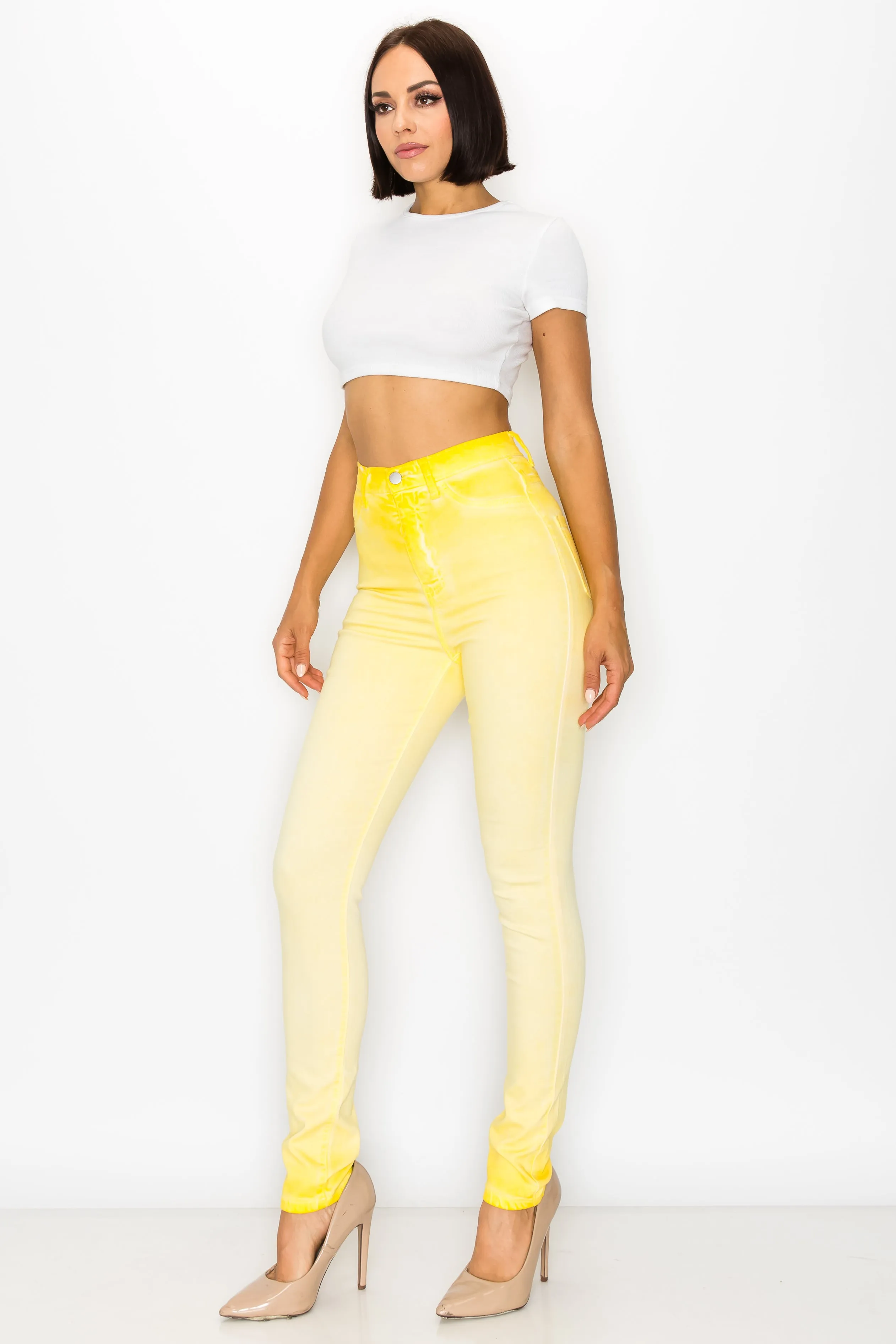 40451 Women's High Rise Oil Dye Skinny Colored Stretch Jeans