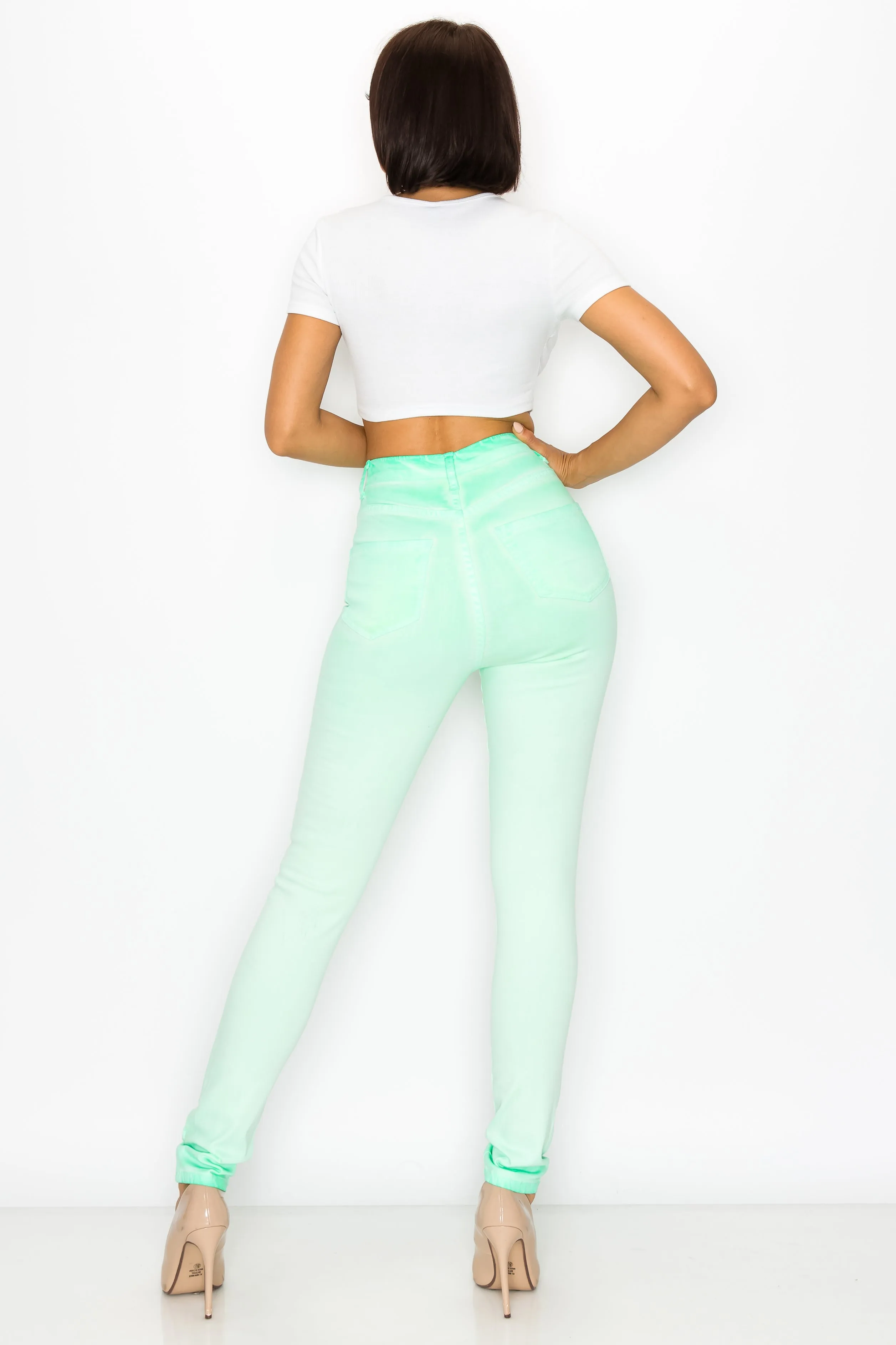 40451 Women's High Rise Oil Dye Skinny Colored Stretch Jeans