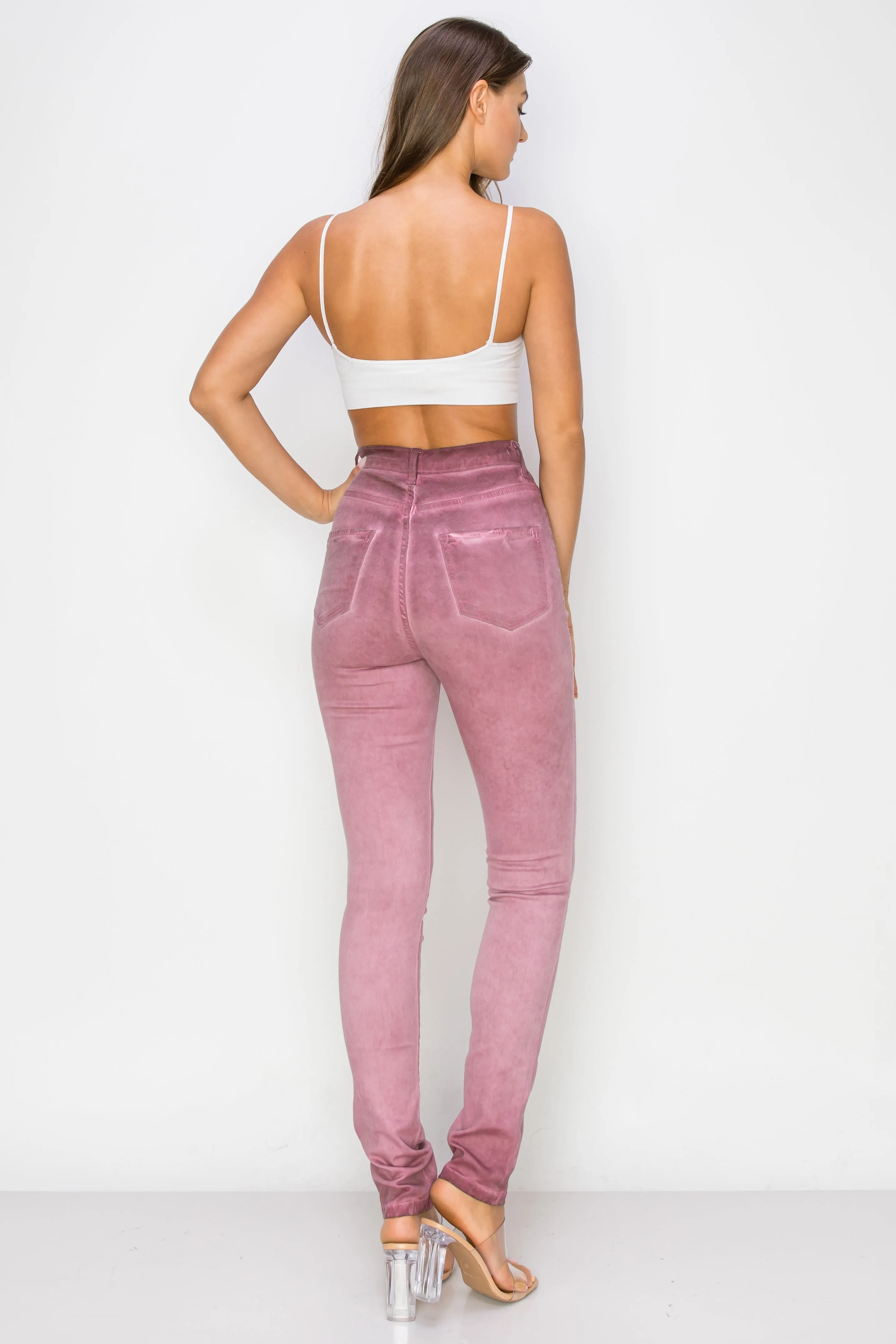 40451 Women's High Rise Oil Dye Skinny Colored Stretch Jeans