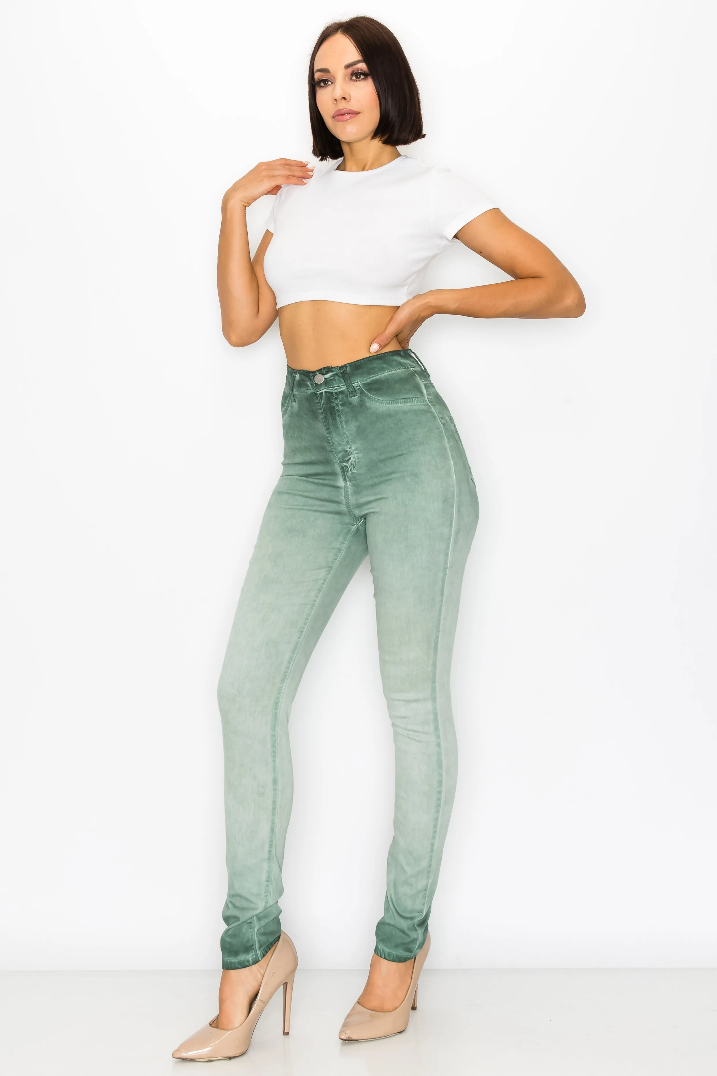 40451 Women's High Rise Oil Dye Skinny Colored Stretch Jeans