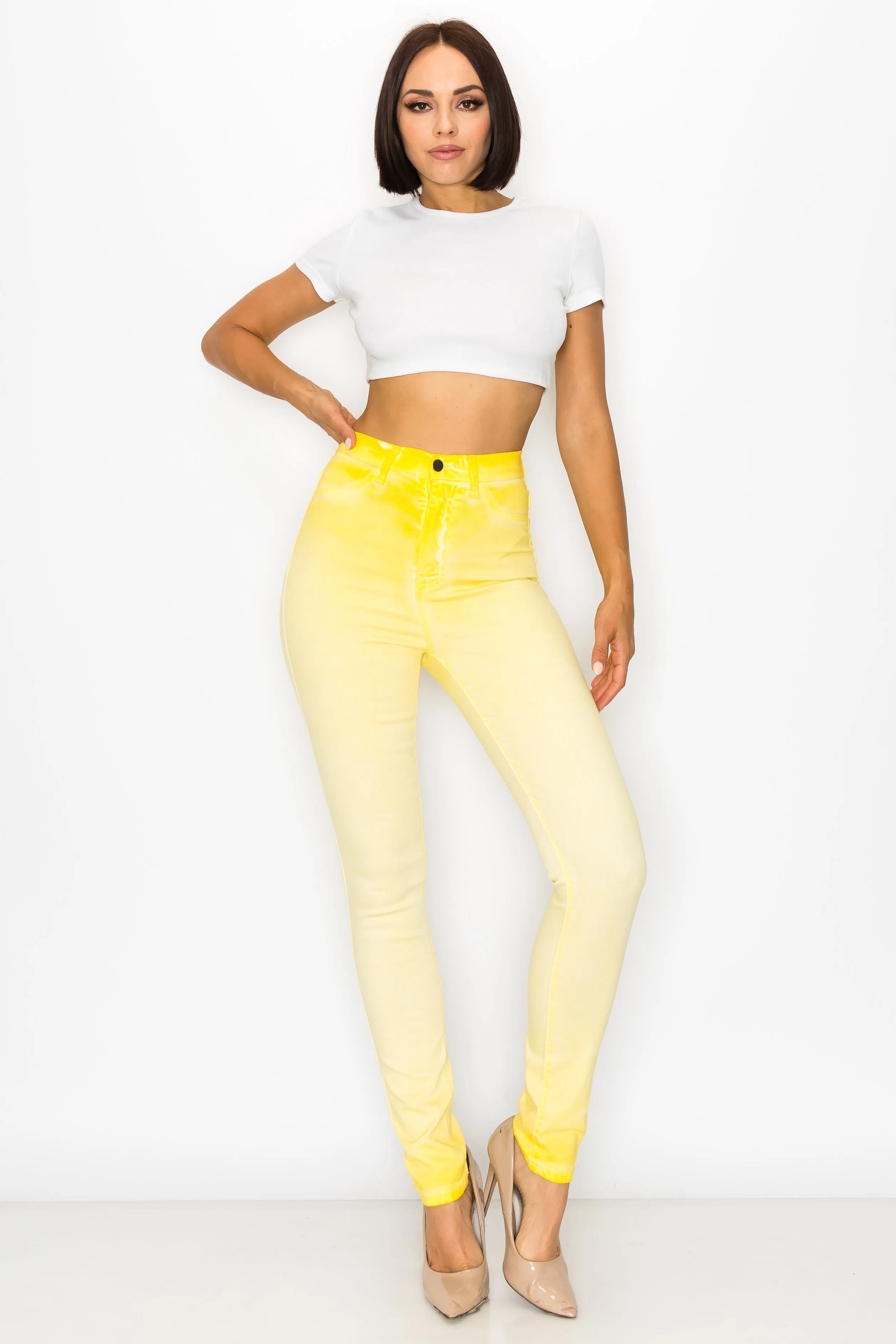 40451 Women's High Rise Oil Dye Skinny Colored Stretch Jeans