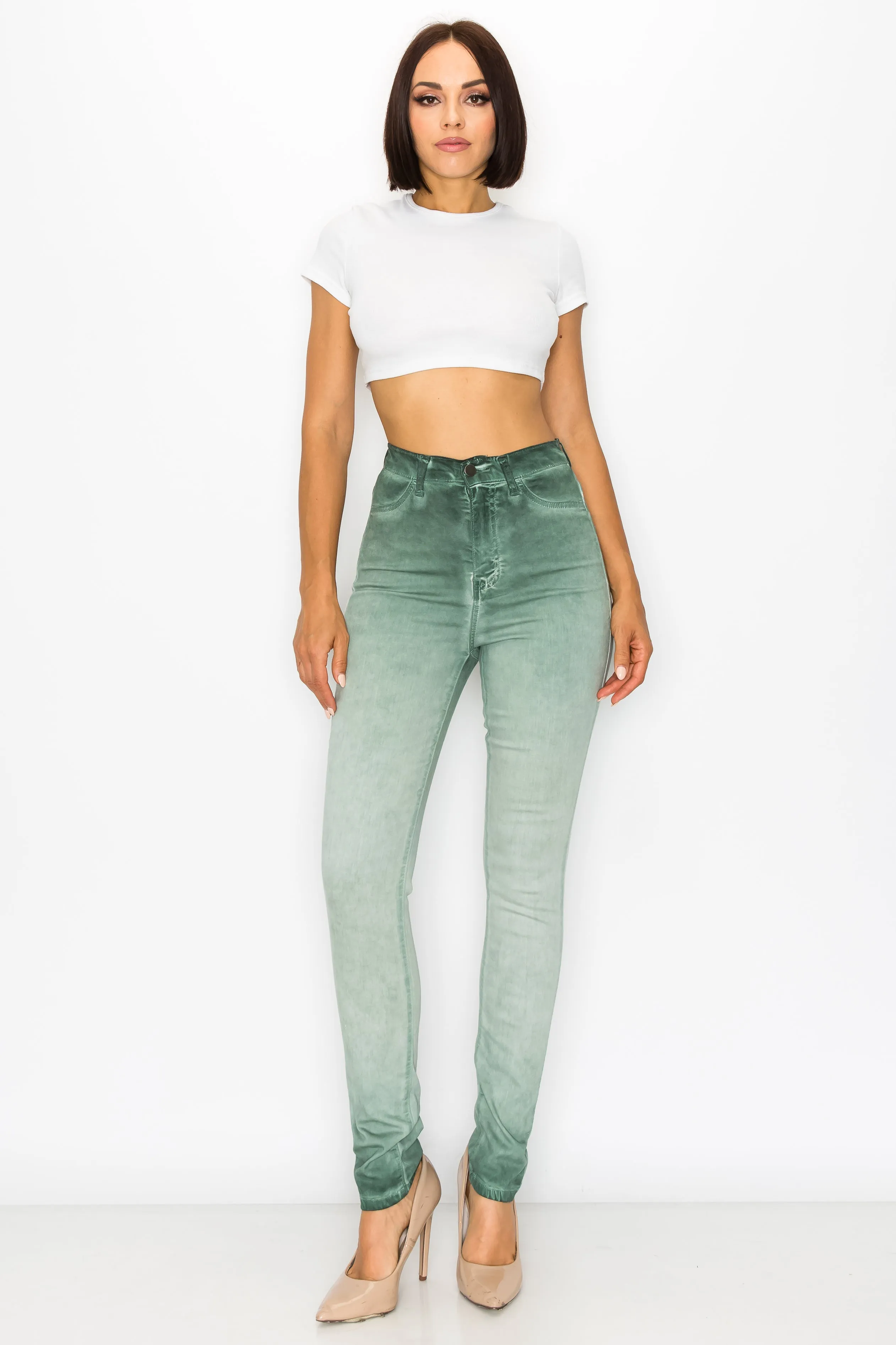 40451 Women's High Rise Oil Dye Skinny Colored Stretch Jeans