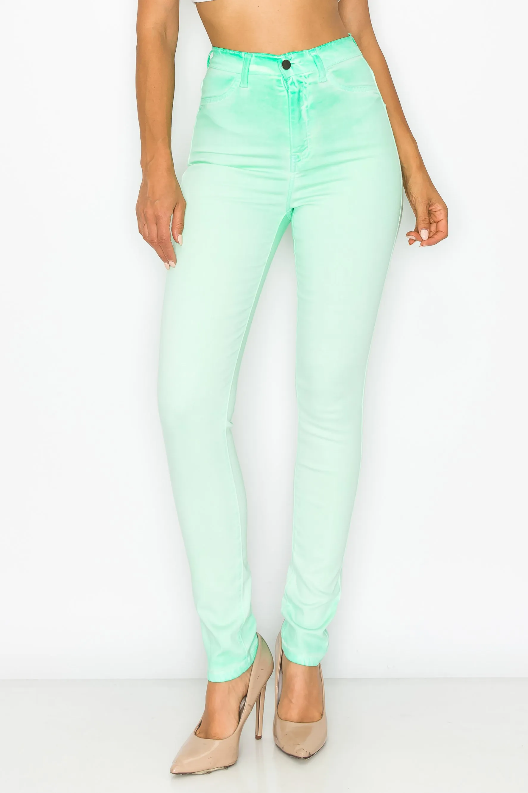 40451 Women's High Rise Oil Dye Skinny Colored Stretch Jeans