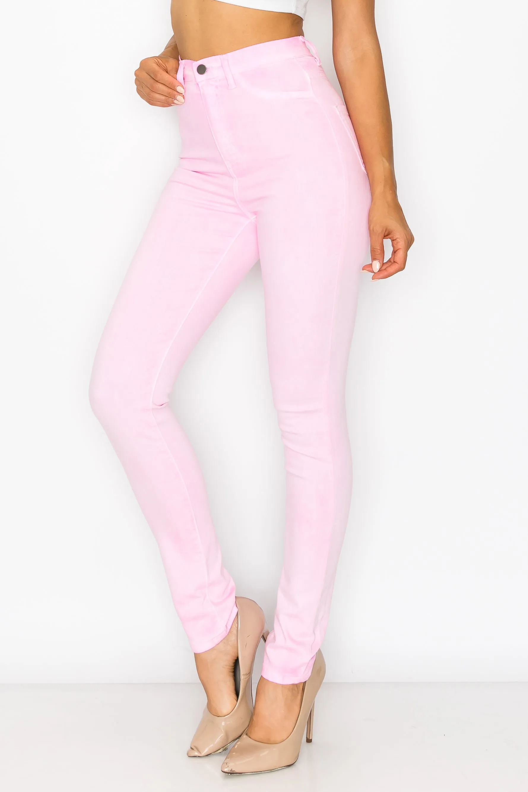 40451 Women's High Rise Oil Dye Skinny Colored Stretch Jeans