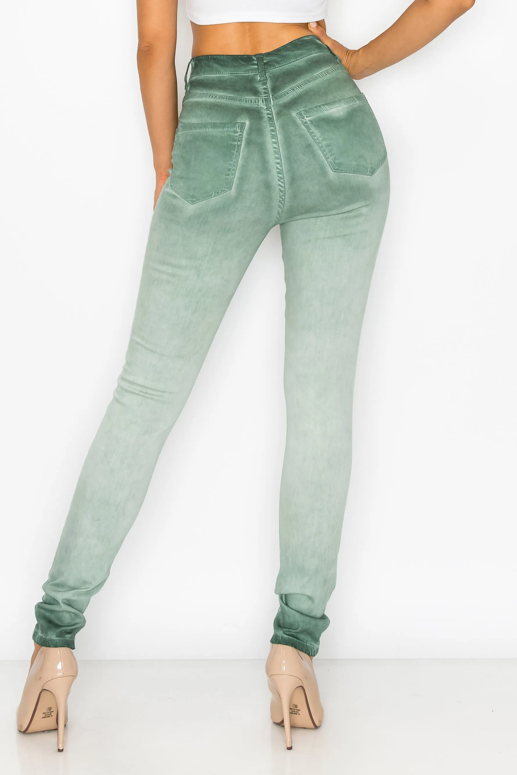40451 Women's High Rise Oil Dye Skinny Colored Stretch Jeans