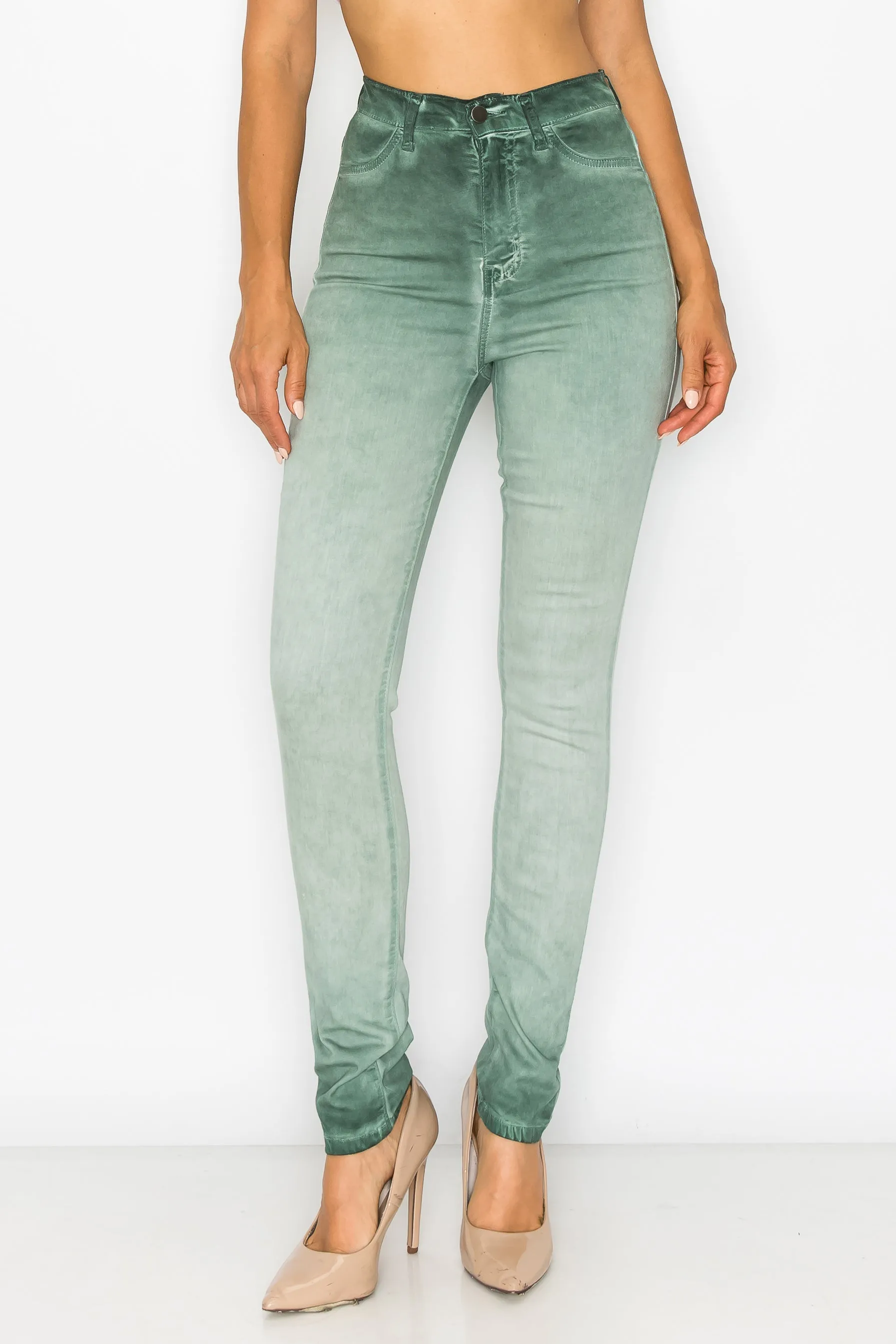 40451 Women's High Rise Oil Dye Skinny Colored Stretch Jeans