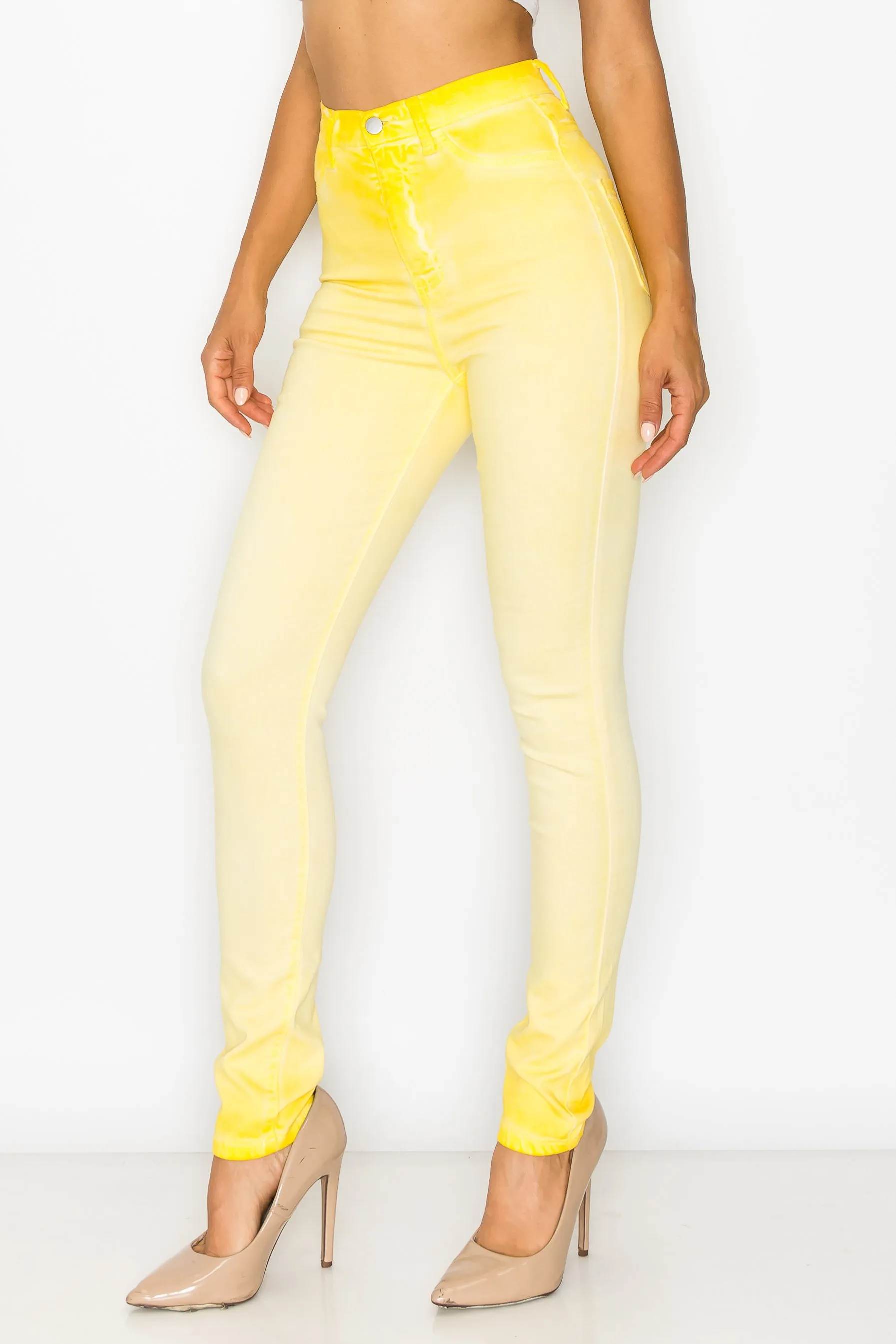 40451 Women's High Rise Oil Dye Skinny Colored Stretch Jeans