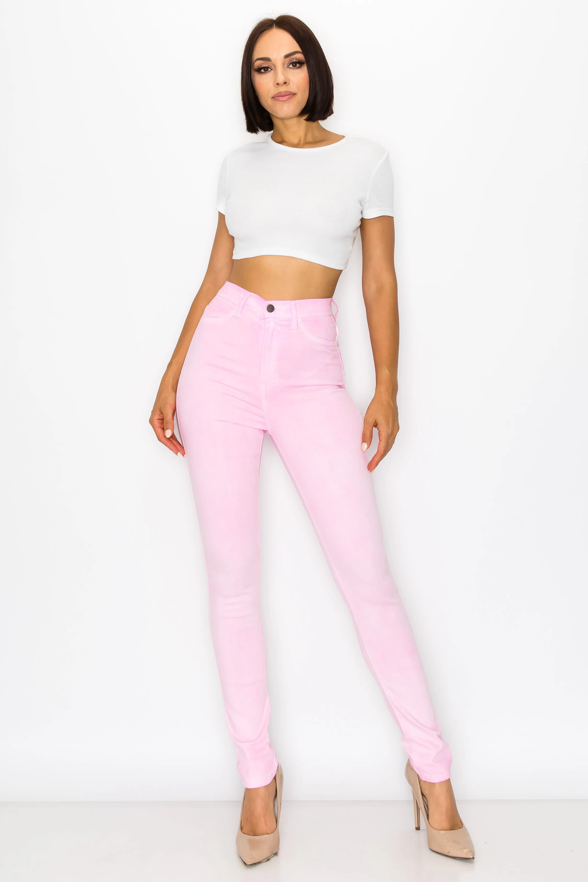 40451 Women's High Rise Oil Dye Skinny Colored Stretch Jeans