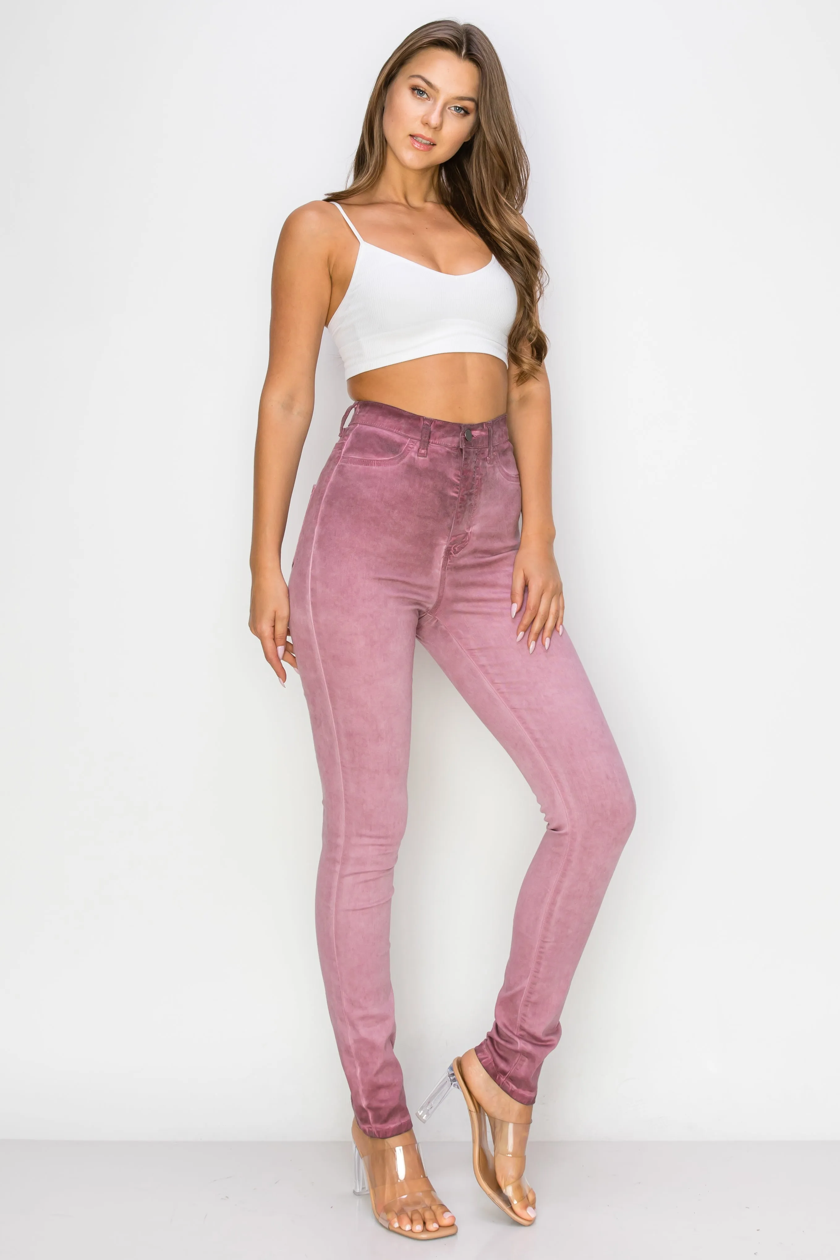 40451 Women's High Rise Oil Dye Skinny Colored Stretch Jeans