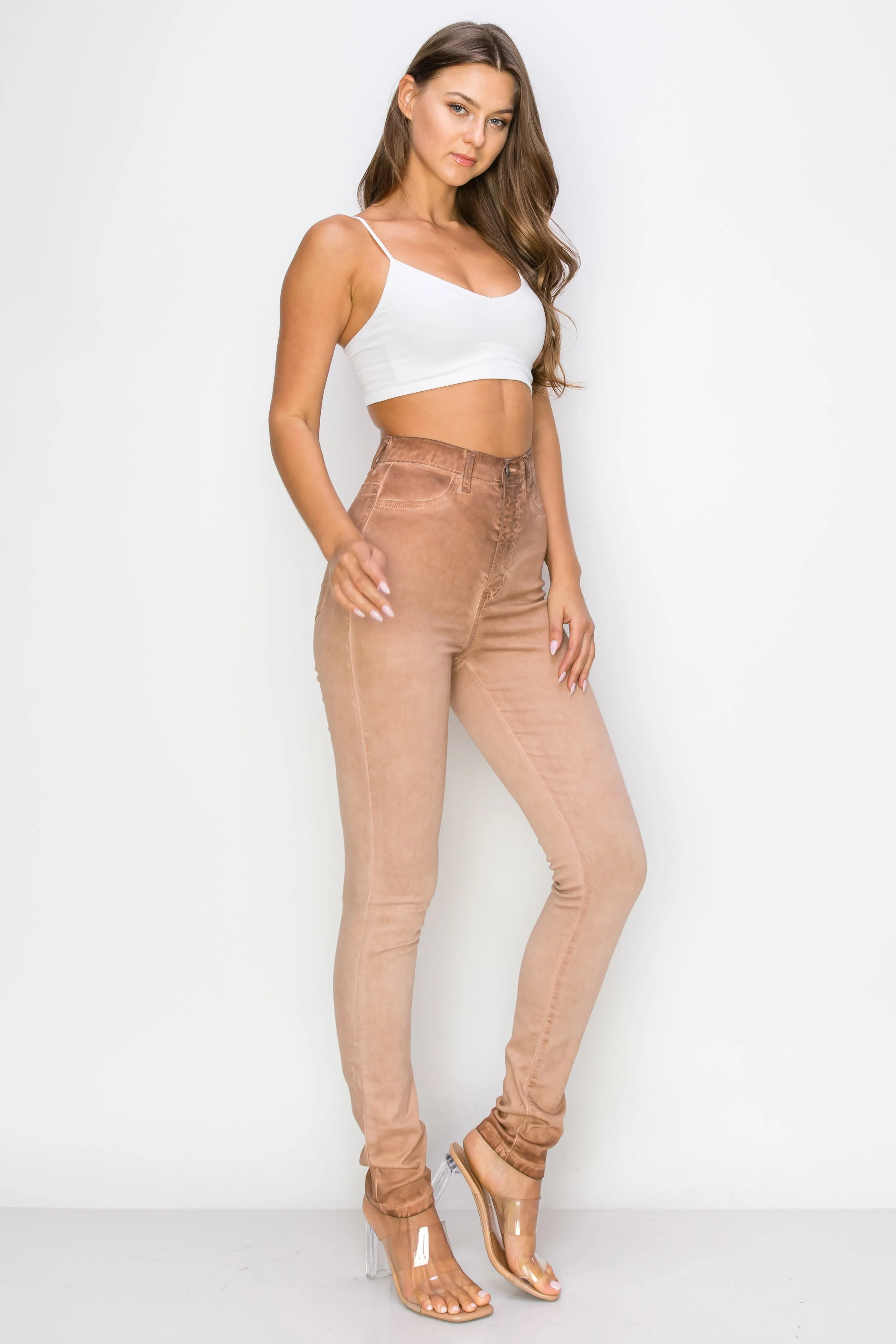 40451 Women's High Rise Oil Dye Skinny Colored Stretch Jeans