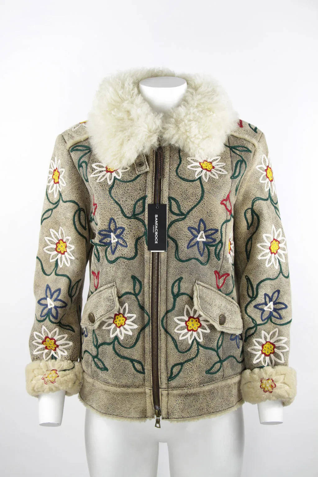 70s style embroidered shearling jacket - S