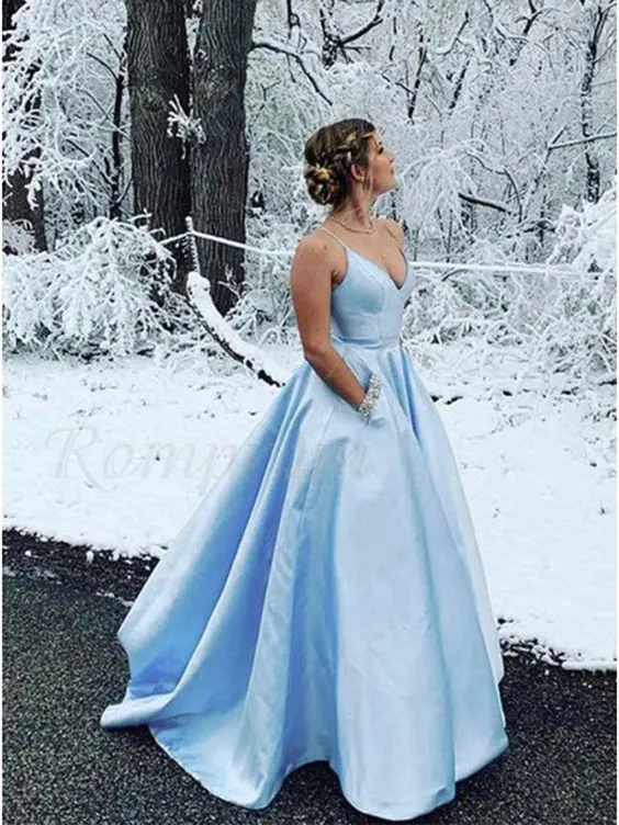 A line Blue Pageant Dress with Pocket
