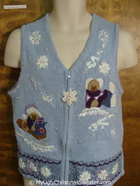 Baby Blue Cheap Christmas Sweater Vest with Bears