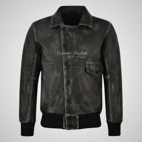 BARNSTORMER Mens Classic Bomber Leather Jacket Vintage Black