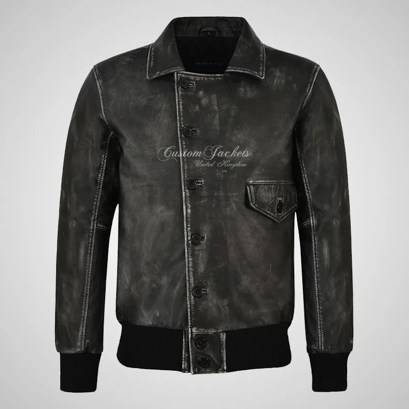 BARNSTORMER Mens Classic Bomber Leather Jacket Vintage Black