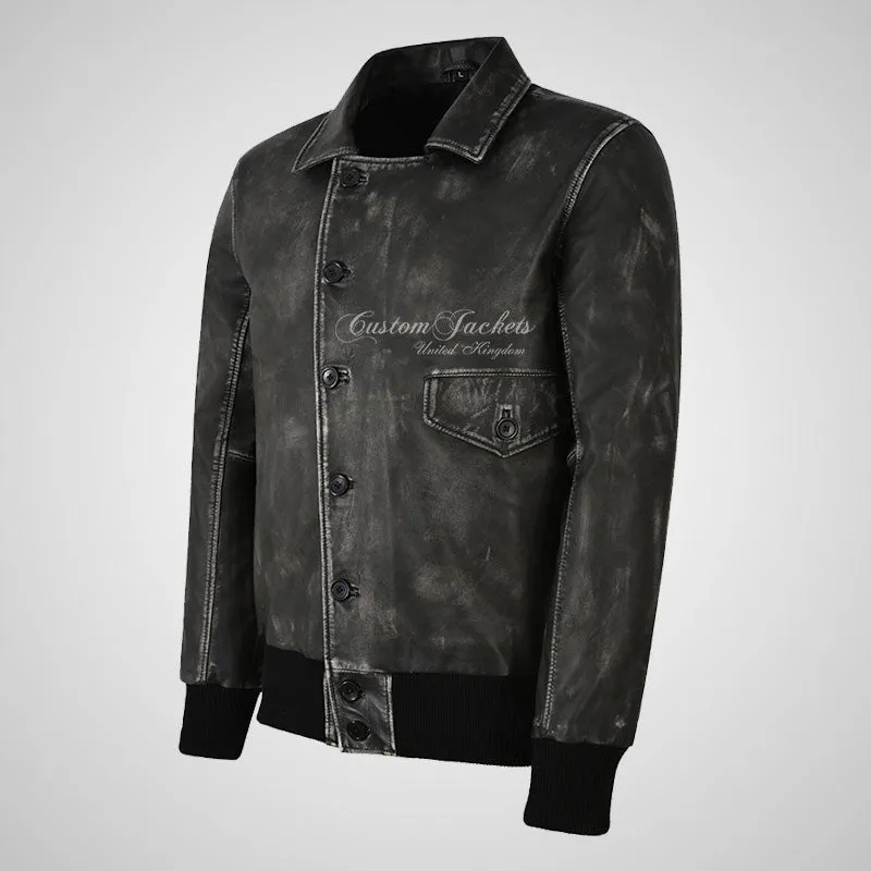 BARNSTORMER Mens Classic Bomber Leather Jacket Vintage Black