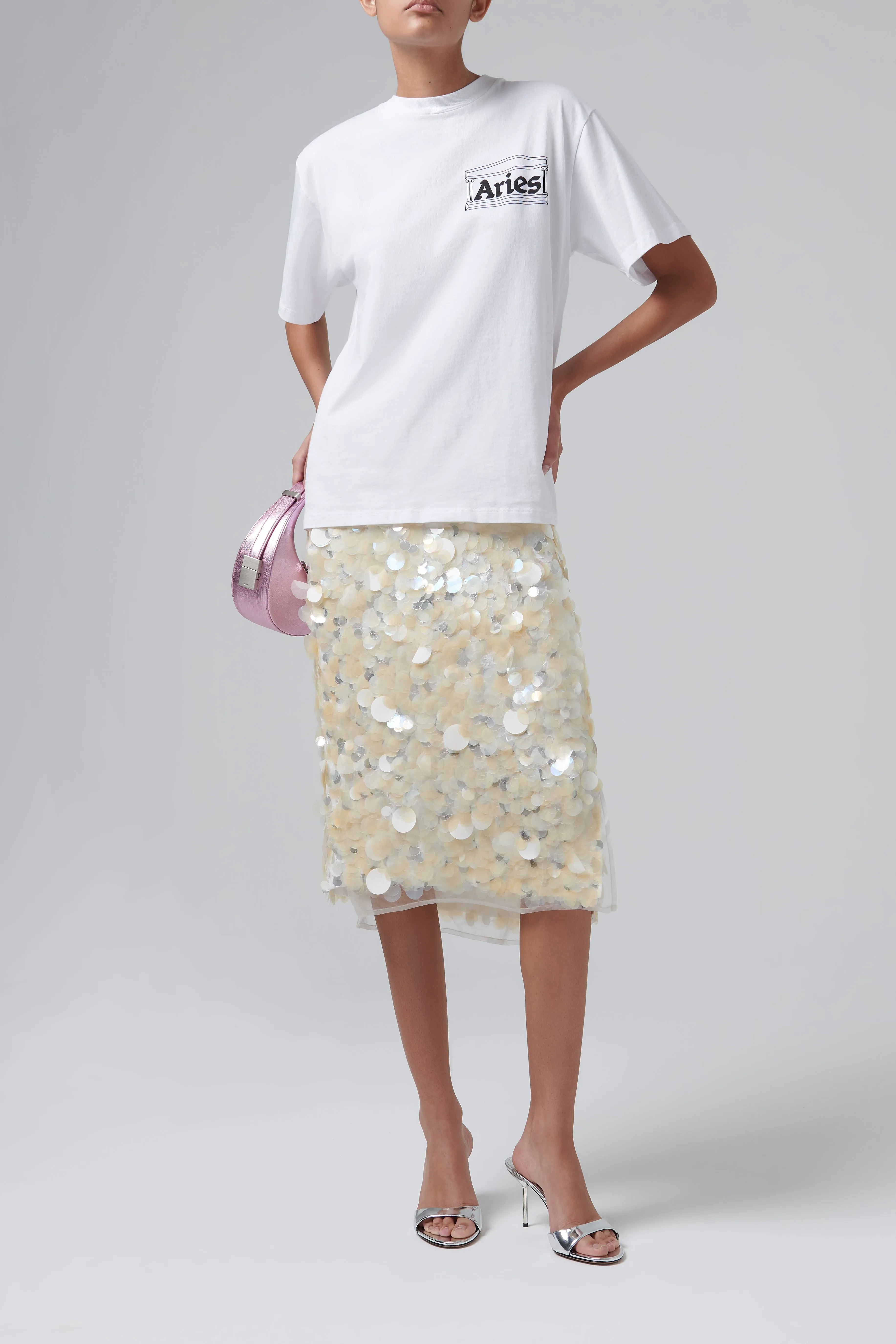 Beige Embellished Handmade Midi Skirt