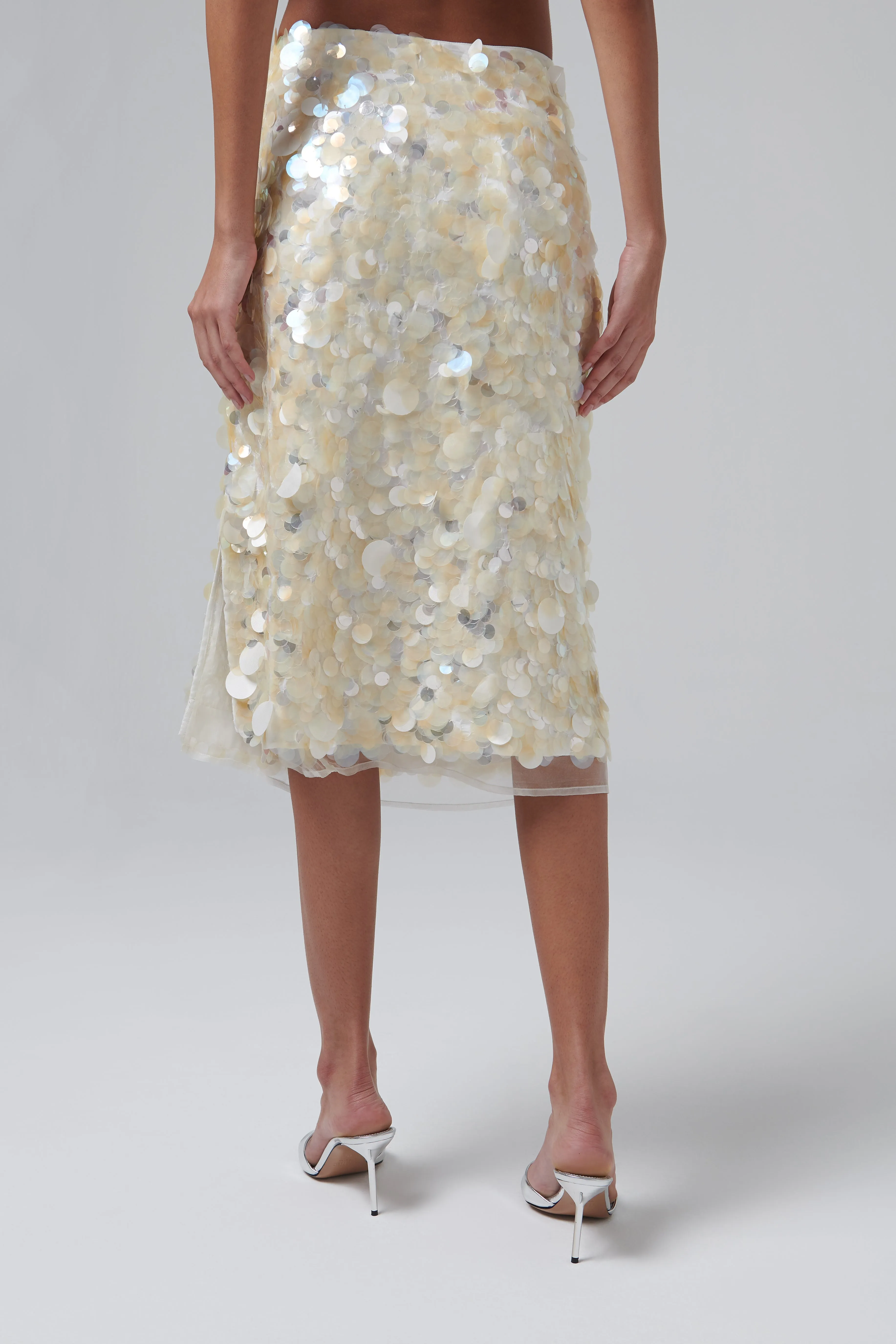 Beige Embellished Handmade Midi Skirt