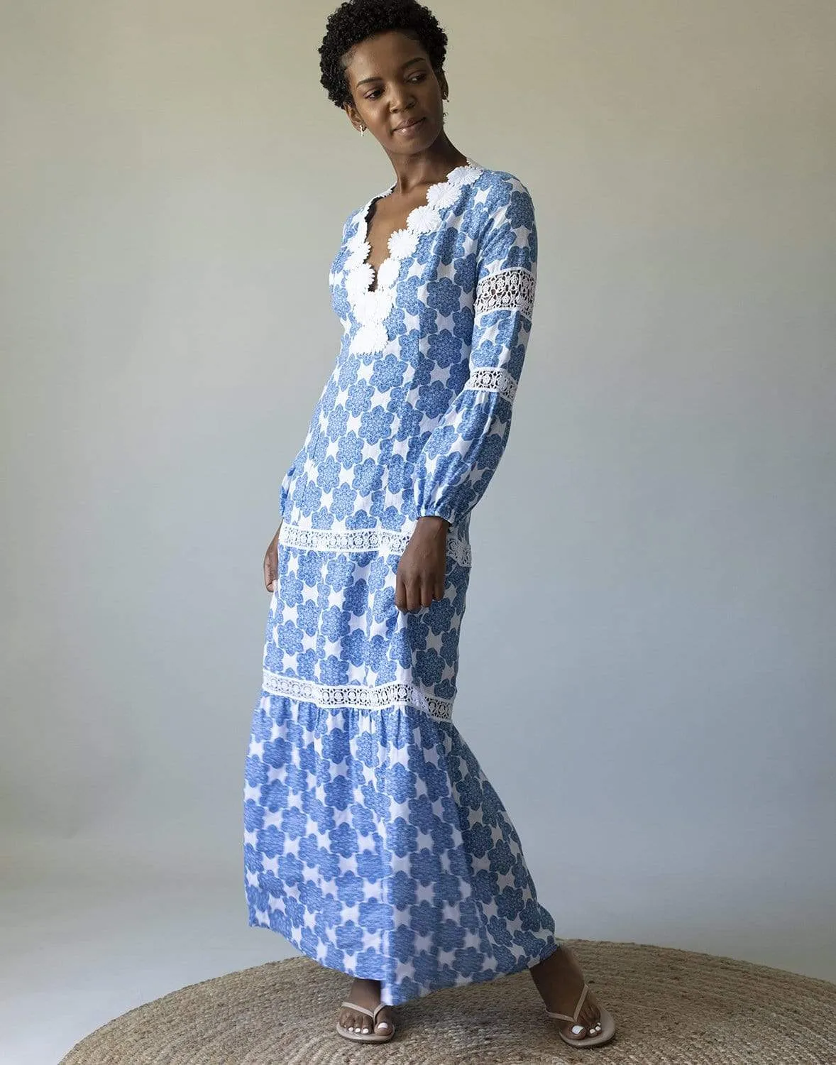 Bella Arabesco Blu Printed Embroidered Maxi Dress