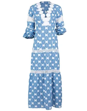 Bella Arabesco Blu Printed Embroidered Maxi Dress