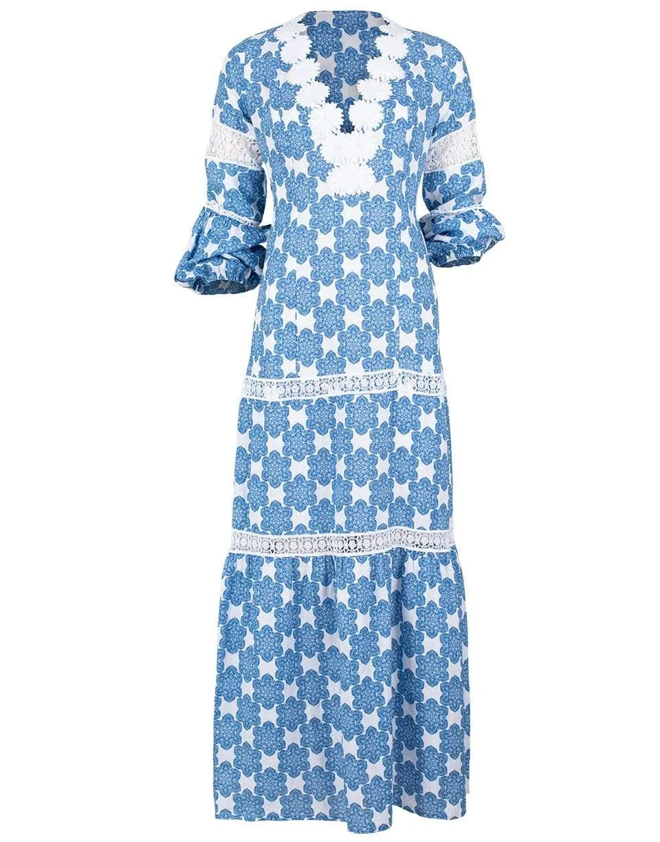 Bella Arabesco Blu Printed Embroidered Maxi Dress