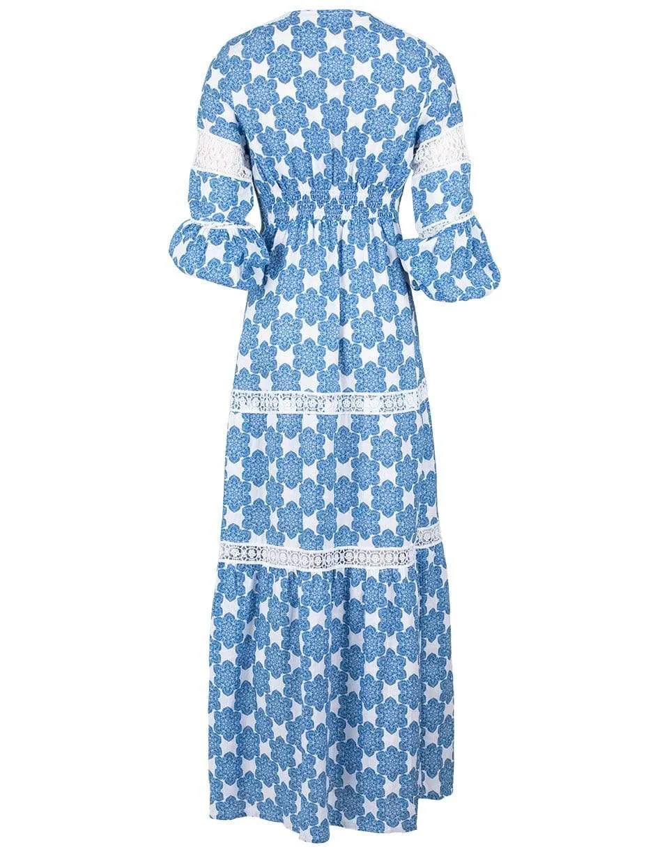 Bella Arabesco Blu Printed Embroidered Maxi Dress
