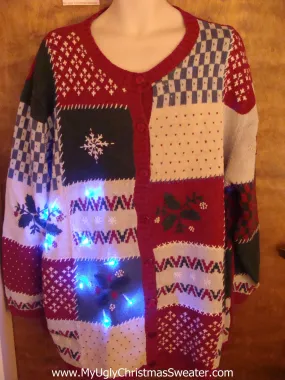 Big Size Patchwork Festive Cute Christmas Sweater with Lights