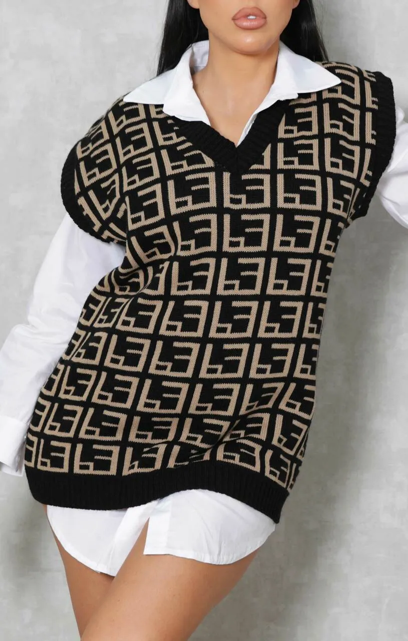 Black & Beige Oversized Knitted Geometric V Neck Jumper Vest - Barbara