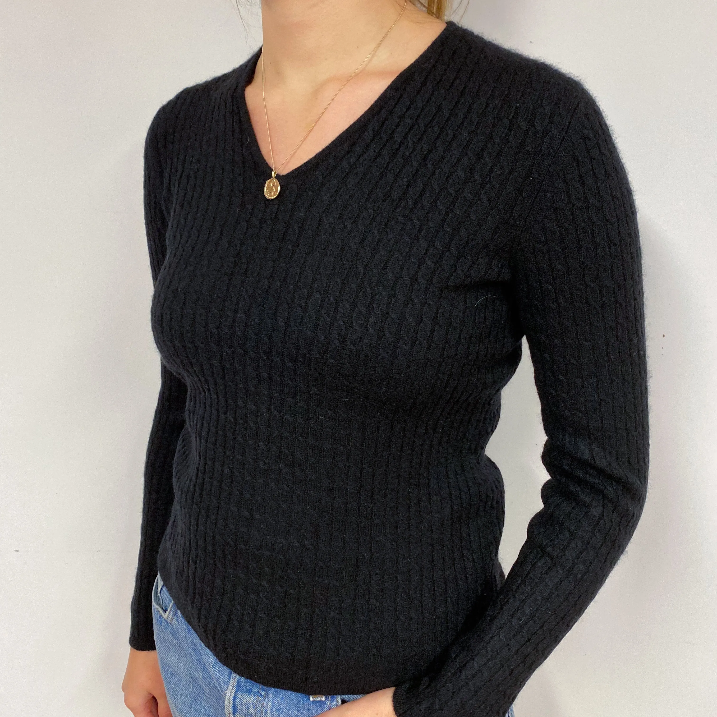 Black Cable Cashmere V-Neck Jumper Small