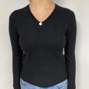 Black Cable Cashmere V-Neck Jumper Small