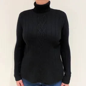Black Cable Front Cashmere Polo Neck Jumper Large