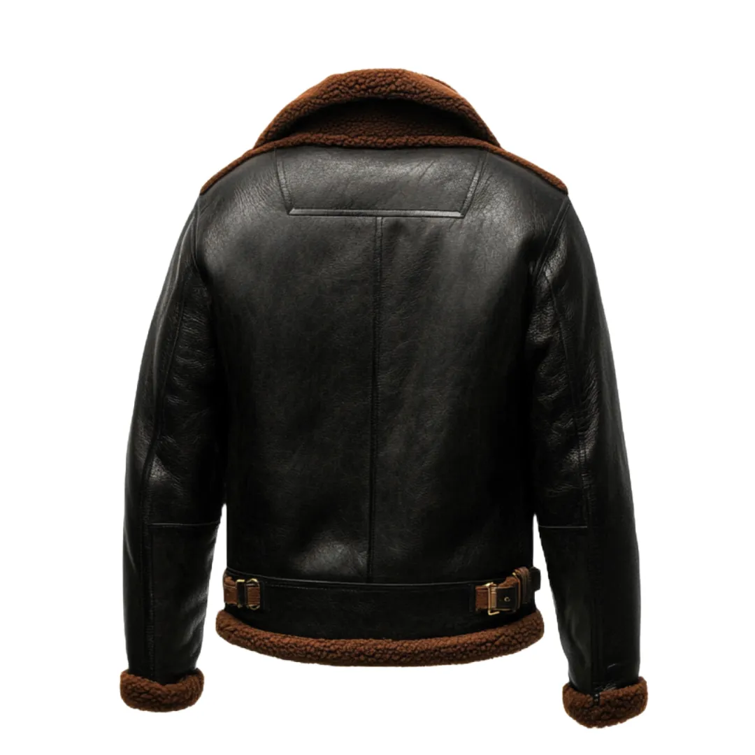 Black Shearling-Lined Aviator Jacket - Made from Premium Leather | El Zoro