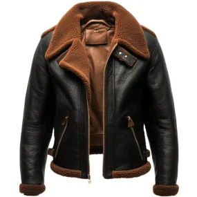 Black Shearling-Lined Aviator Jacket - Made from Premium Leather | El Zoro