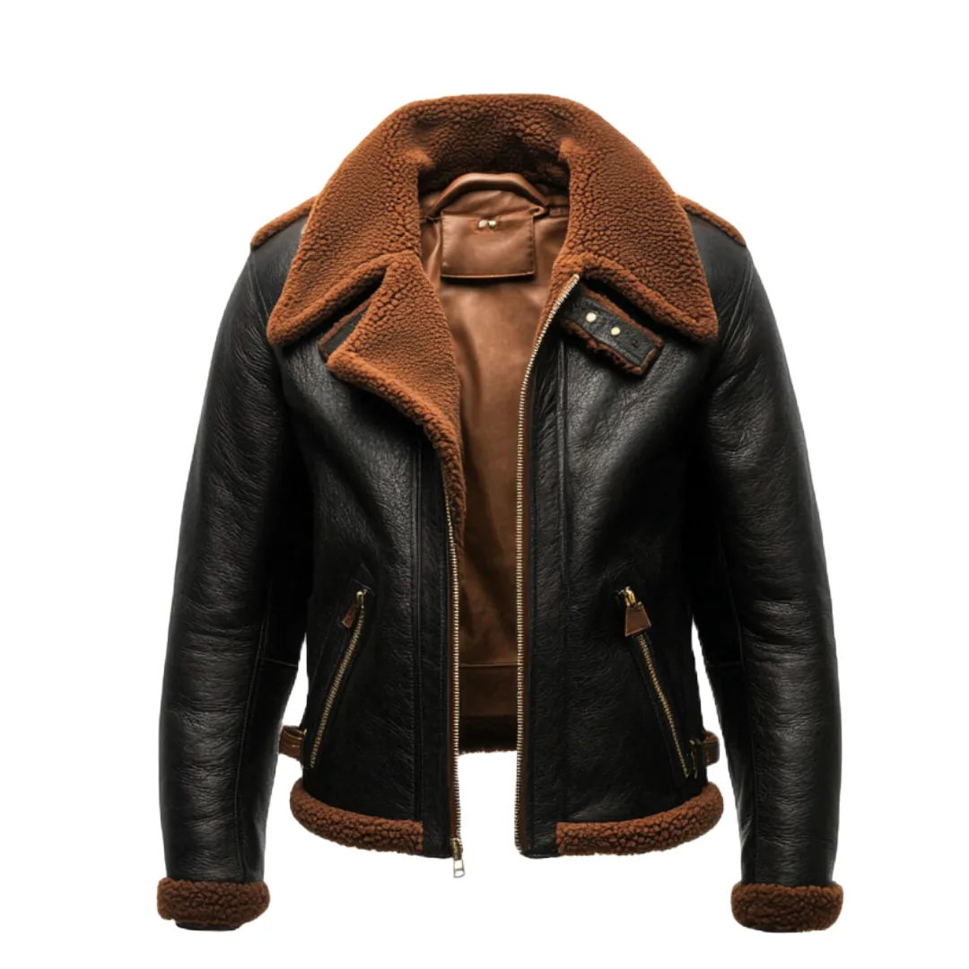 Black Shearling-Lined Aviator Jacket - Made from Premium Leather | El Zoro