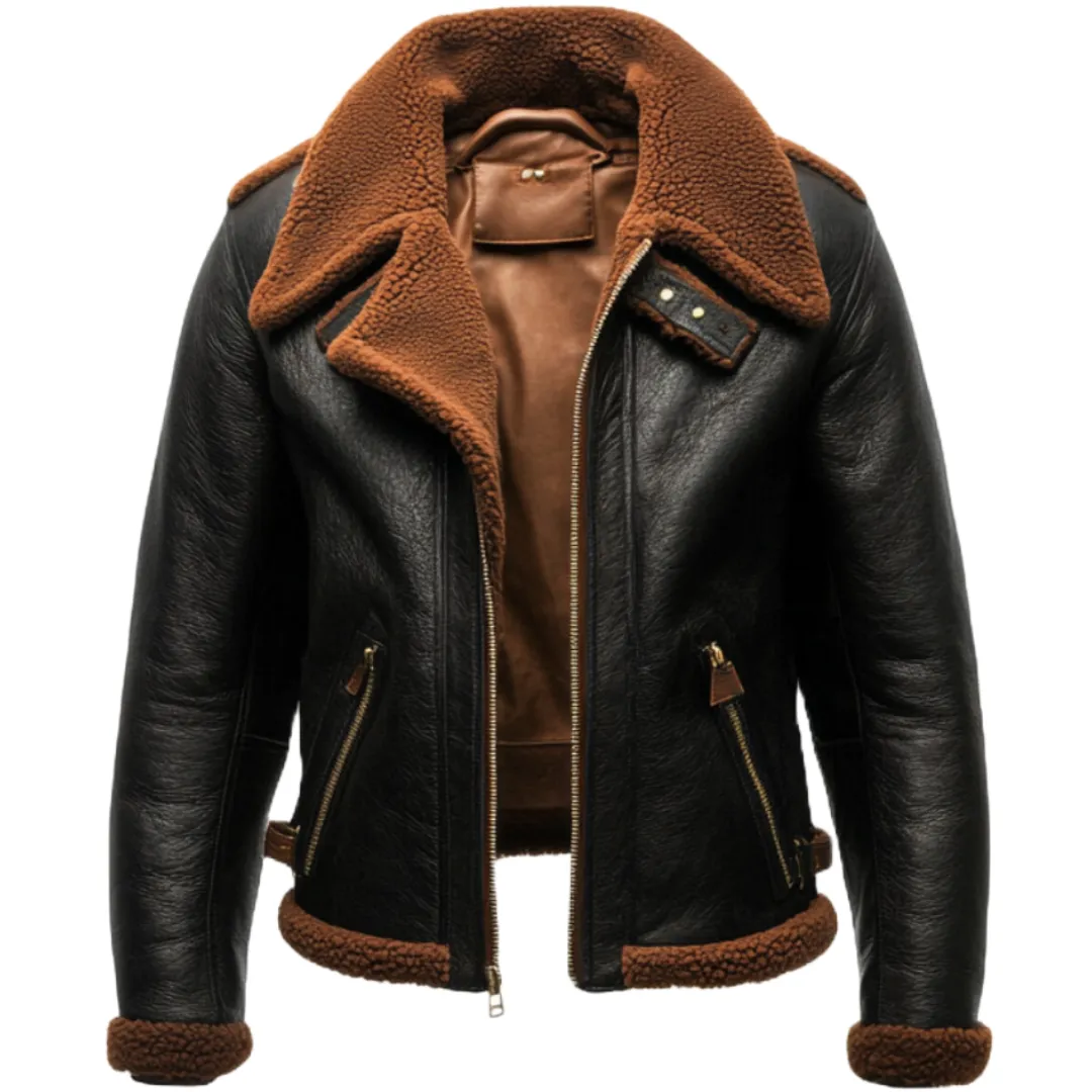 Black Shearling-Lined Aviator Jacket - Made from Premium Leather | El Zoro