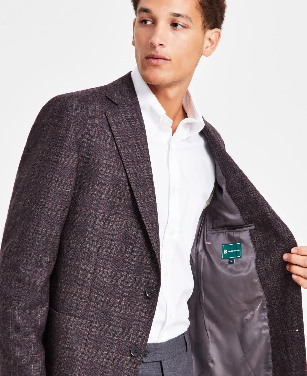 Brooks Brothers Mens Classic fit Sport Coat Blazer 48 L Brown / Burgundy Plaid