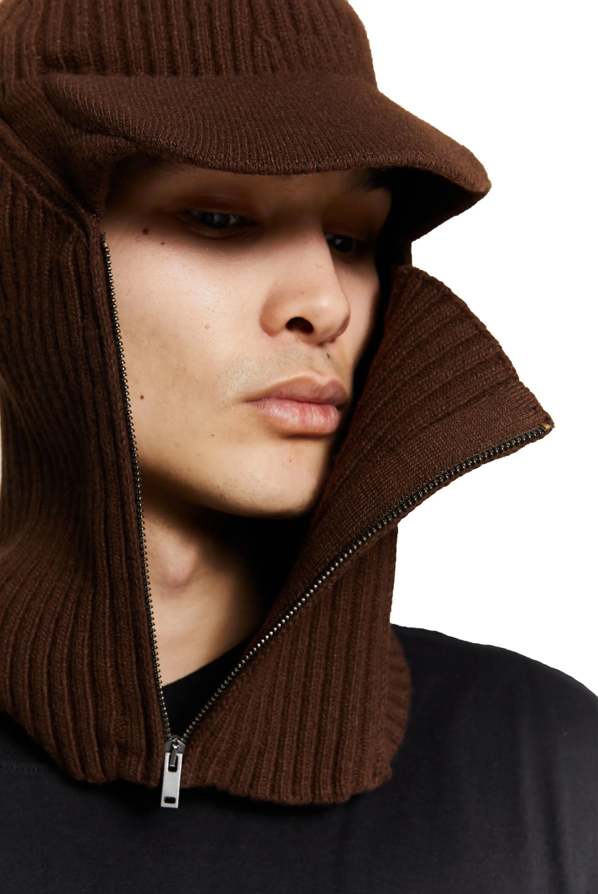 Brown Knitted Cocoon Cap Balaclava