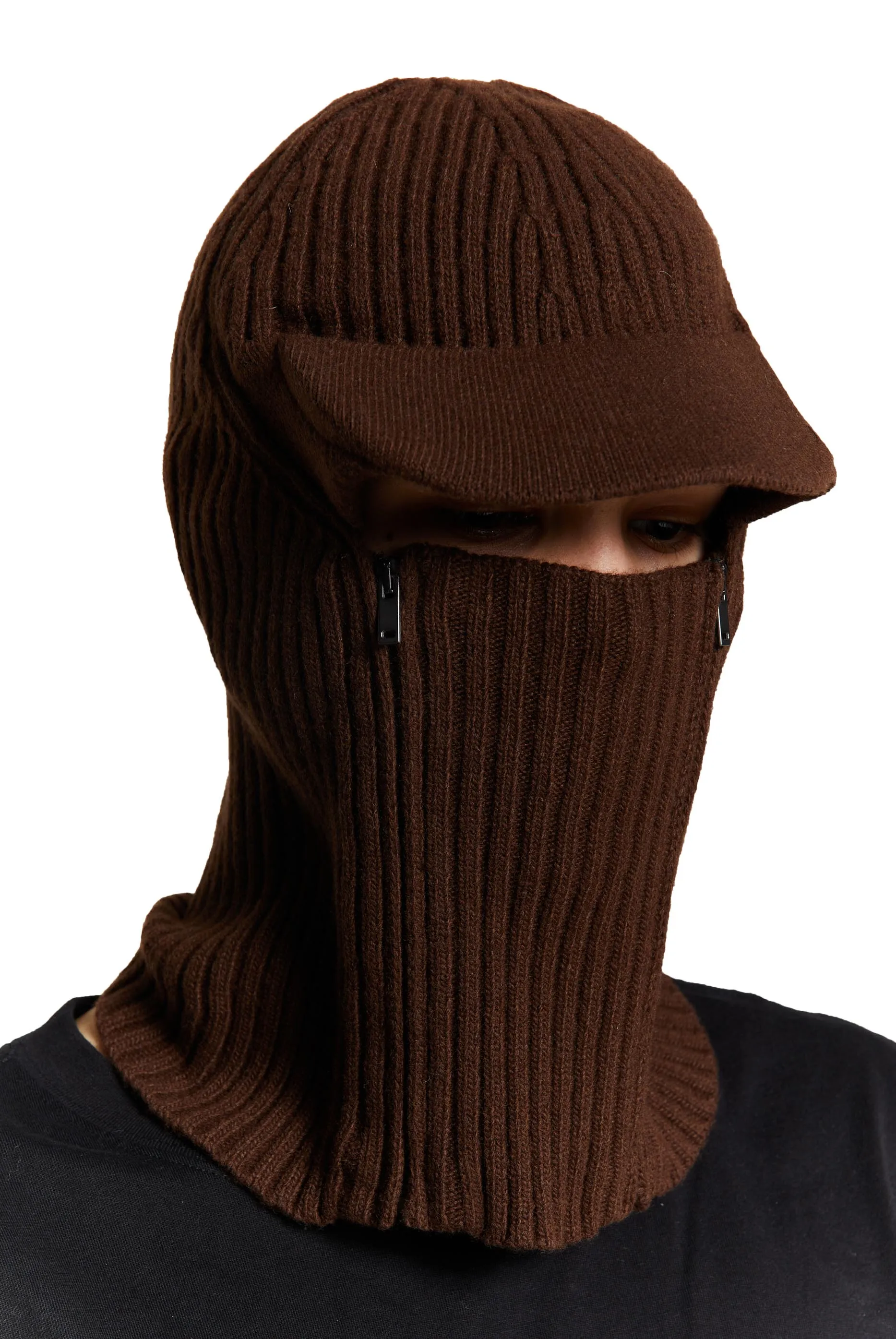Brown Knitted Cocoon Cap Balaclava