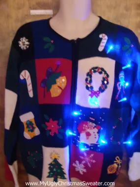 Busy Color Blocks Light Up Ugly Xmas Sweater