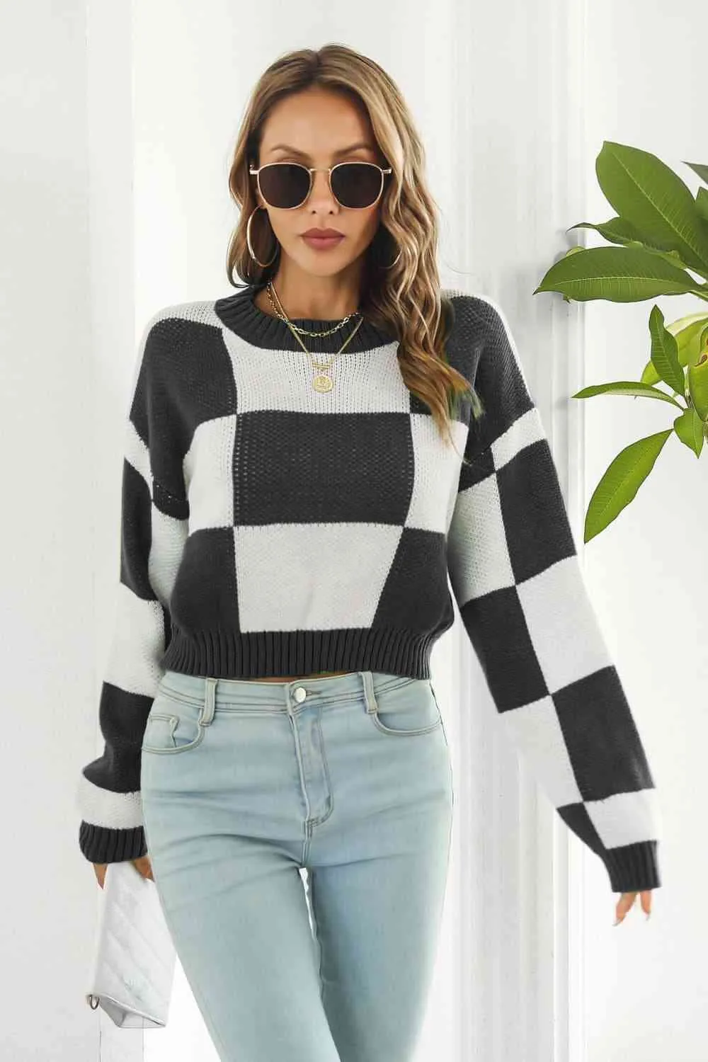 Checker Color Block Knit Crop Top Round Neck Long Sleeve Minimalist Sweater Shirt