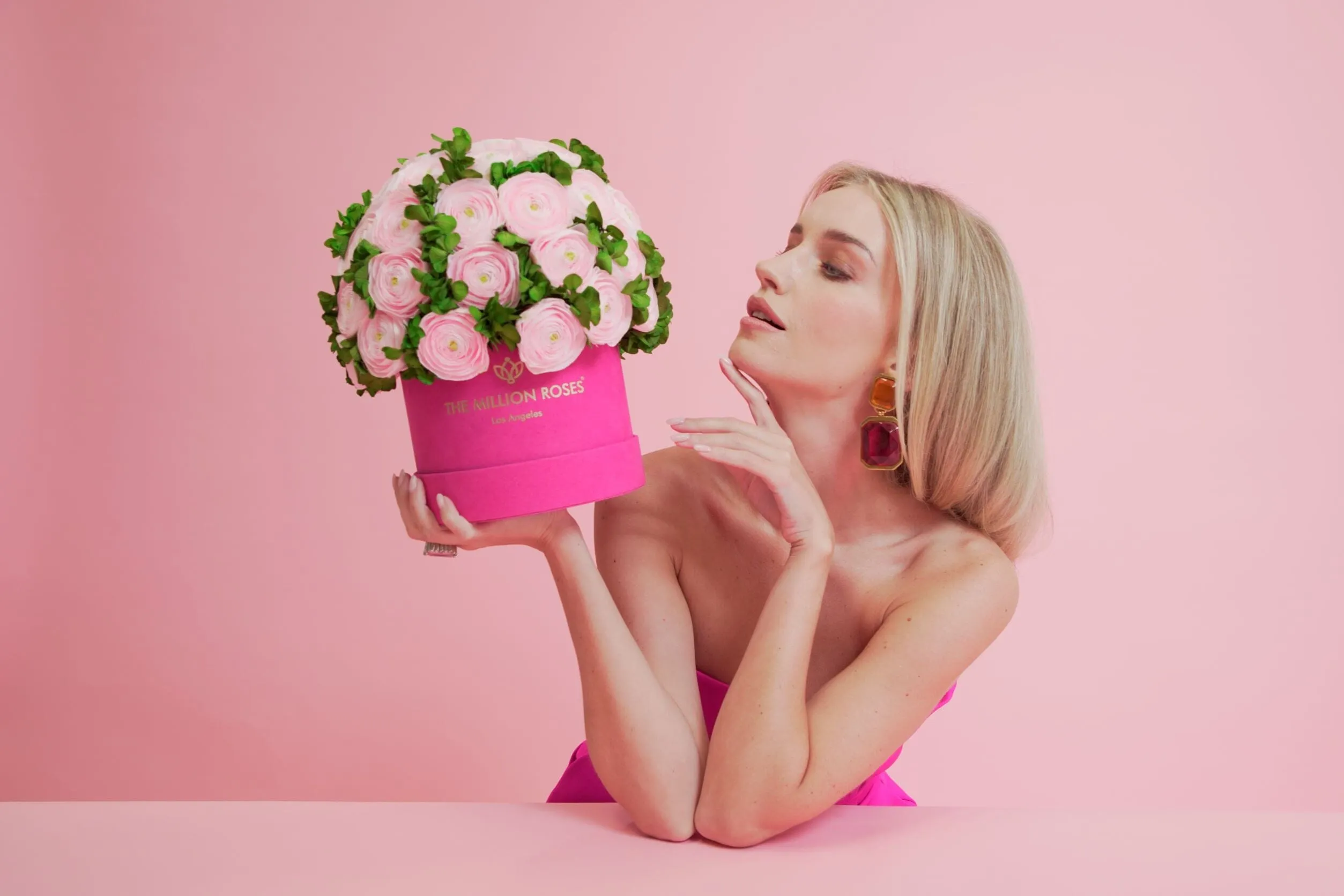 Classic Hot Pink Suede Box | Light Pink Persian Buttercups & Green Hydrangeas