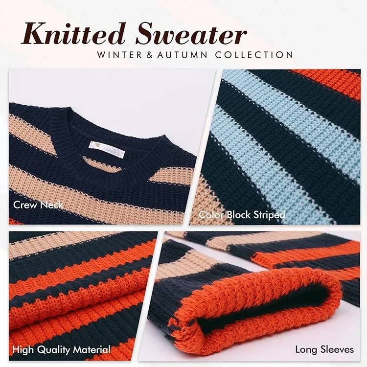 Color Block Substantial Striped Crew Neck Knit Sweater