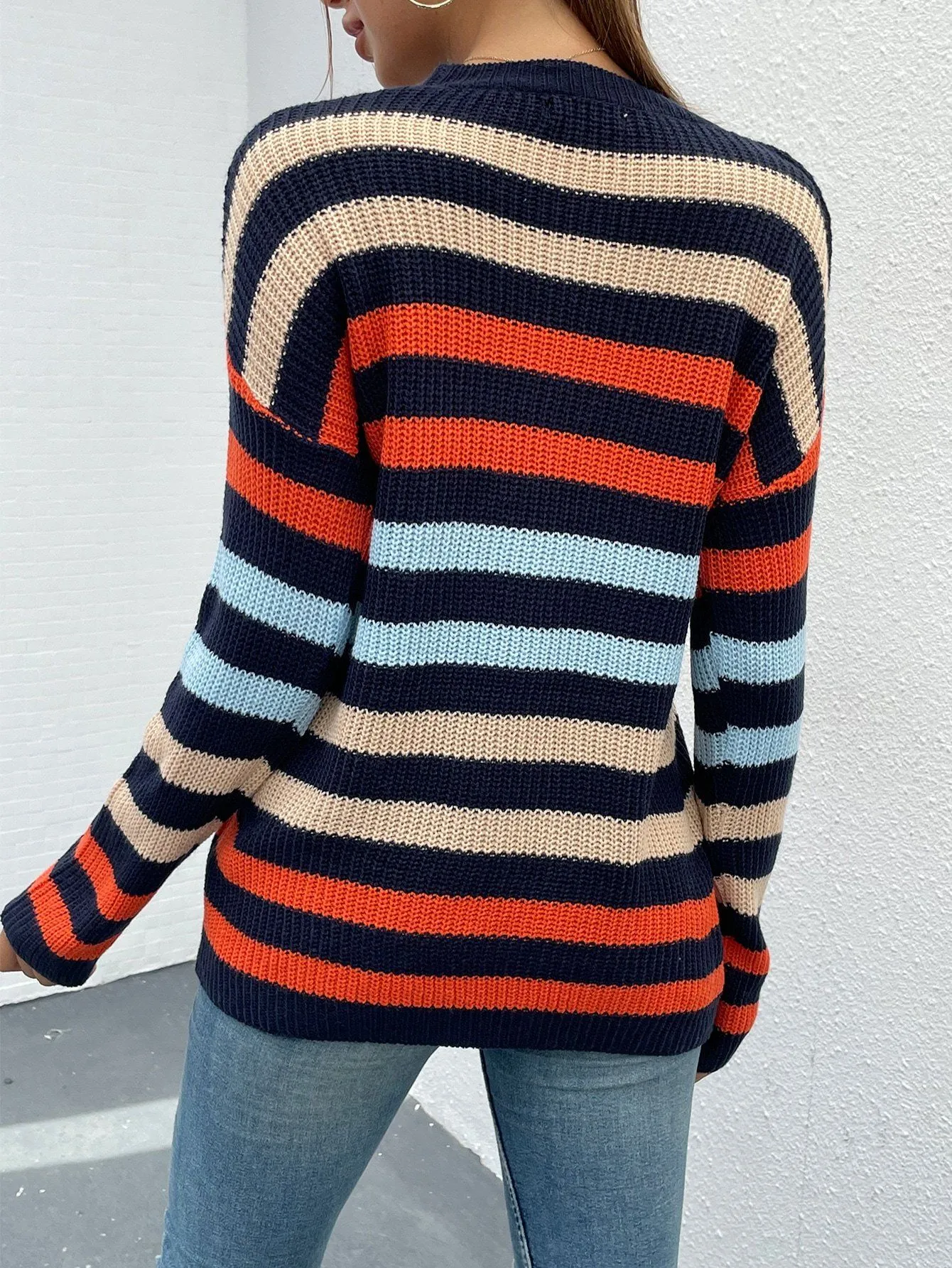 Color Block Substantial Striped Crew Neck Knit Sweater