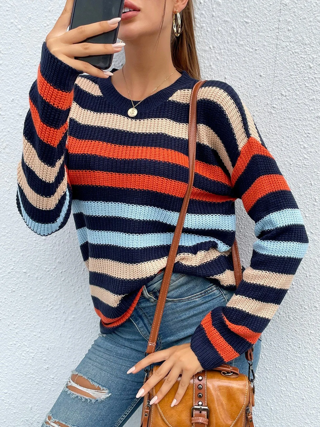 Color Block Substantial Striped Crew Neck Knit Sweater