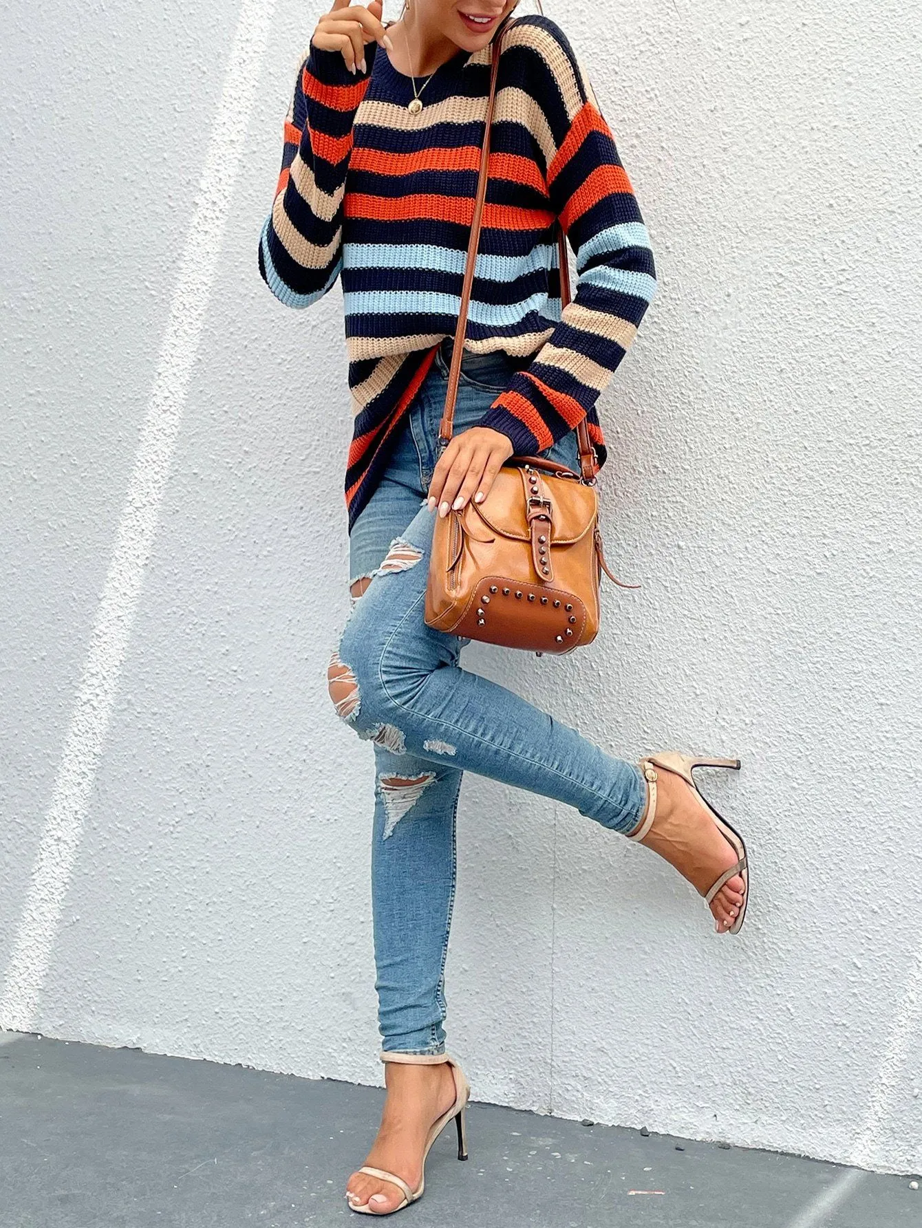 Color Block Substantial Striped Crew Neck Knit Sweater