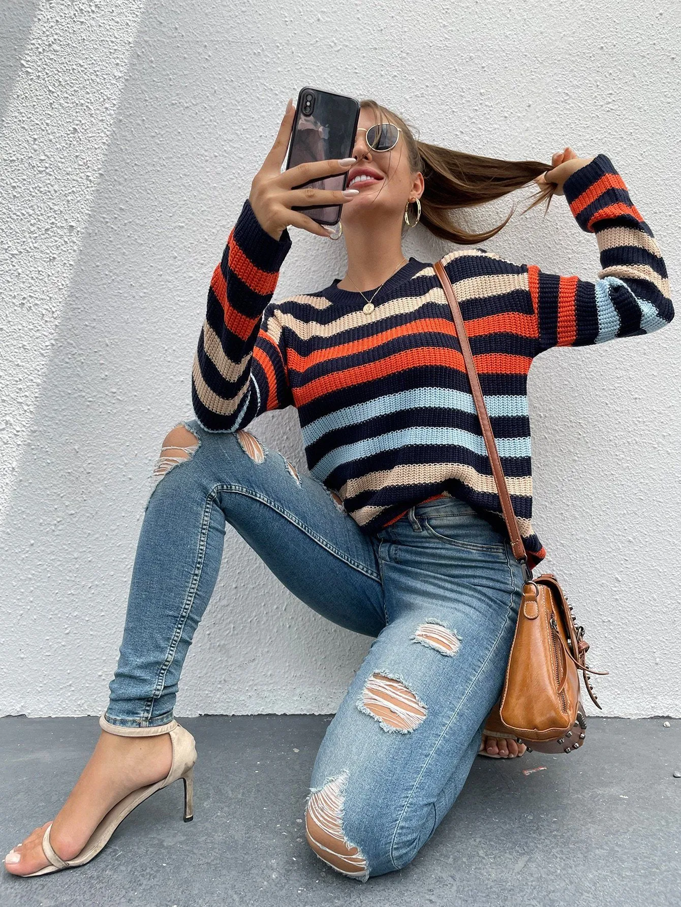 Color Block Substantial Striped Crew Neck Knit Sweater