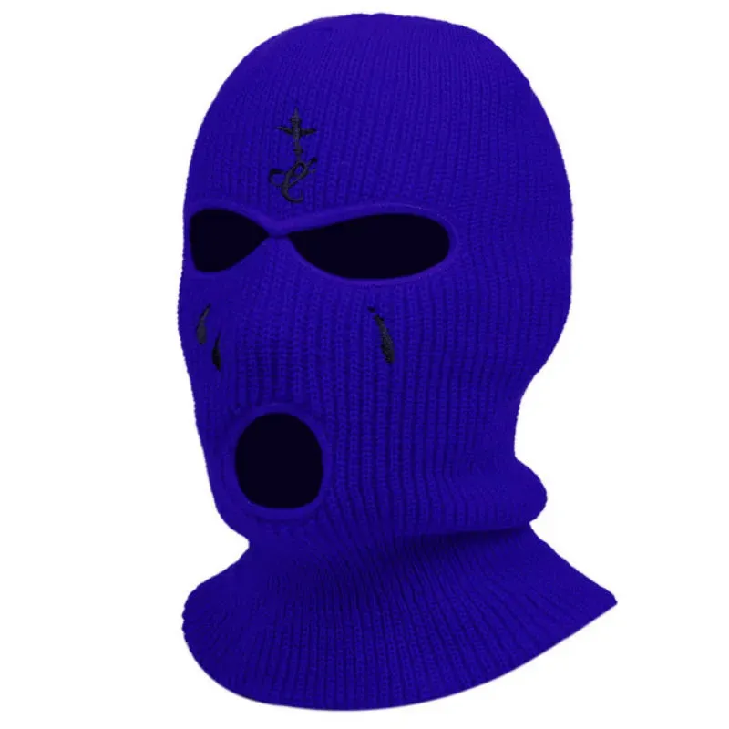 Cross Embroidery Ski Mask Winter Balaclava Hat 3-Hole Knitted Full Face Cover Ski Neck Gaiter Warm Knit Beanie For Outdoor Sport